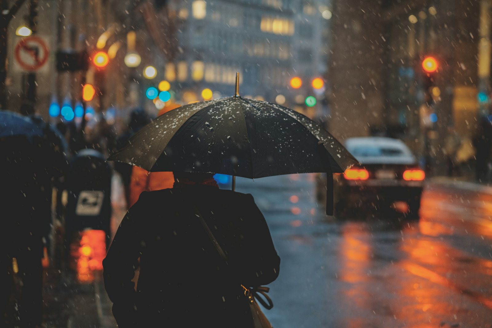 Person with umbrella on a rainy city street